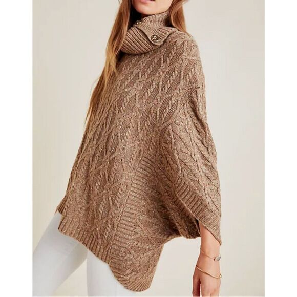 ANTHROPOLOGIE Corinne Cable Knit Poncho Sweater Small Taupe Tan Cowl Oversized - Picture 2 of 15